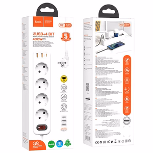 Charger-power strip Hoco NS1 (2xUSB; 1xUSB-C; 4xEU socket; 3A 20W) white