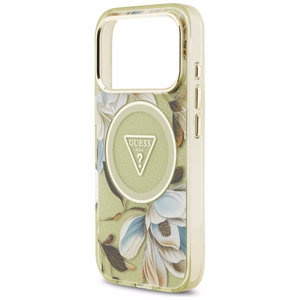 GUESS ümbris jaoks IPHONE 17 Pro Max compatible with MagSafe GUHMP17XHFLPEDN (IML Metal Glitter Flowers Triangle) roheline