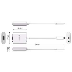 Orico PTAV adapter USB-C–VGA ja 3,5 mm, Full HD, 0,15 m – hõbedane