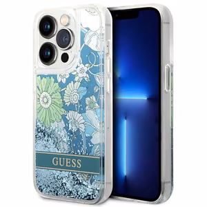Guess Flower Liquid Glitter ümbris jaoks iPhone 14 Pro Max - roheline