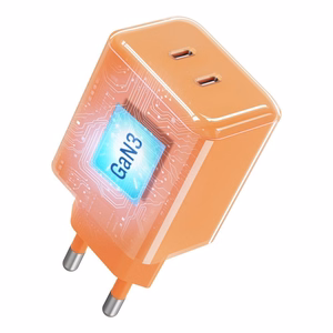 Telefonilaadija Forcell F-Energy GaN III Crystal Color, 2x USB C, AVS, SSFC3.0, 60W + silikoonkaabel USB C–USB C VT-60, oranž