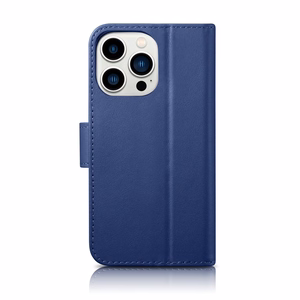 iCarer Rahakott ümbris 2in1 Cover iPhone 14 Pro nahast Flip Case Anti-RFID sinine (WMI14220726-BU)