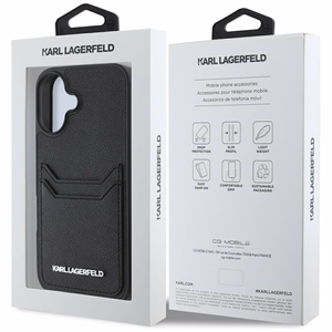 Karl Lagerfeld HC Grained PU Cardslot Metal Elong iPhone 16 Ümbris - Must
