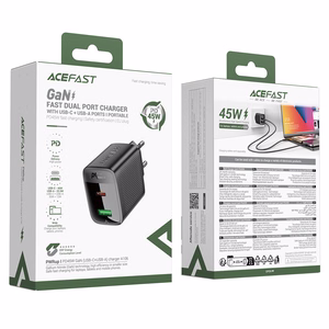 Acefast A106 GaN PD seinaklaadija, 45 W, USB-C, USB-A, must