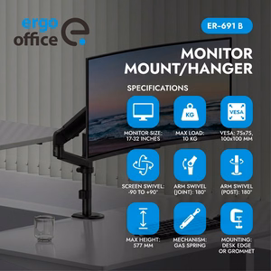 Ergo Office ER-691 B – gas-spring monitor arm for 17–32-inch screens, 1–10 kg, VESA up to 100×100, matte black