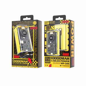 WEKOME WP-345 Vanguard Series akupank, 10000 mAh, PD 20 W + QC 22,5 W, sisseehitatud USB-C- ja Lightning-kaablitega, kollane