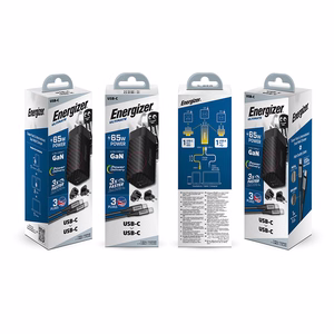 Energizer Ultimate A65MUC GaN reisilaadija EU / UK / US pistikutega, USB-C + USB-A, 65 W PD, USB-C-kaabliga, must