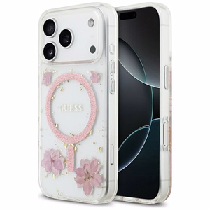 Чехол GUESS для IPHONE 17 Pro совместимый с MagSafe GUHMP17LRBFGFGMP (Resin Flowers and Glitter) розовый