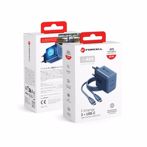 Telefonilaadija Forcell F-Energy GaN III Crystal Color, 2x USB C, AVS, SSFC3.0, 60W + silikoonkaabel USB C–USB C VT-60, tumesinine