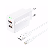 FONENG võrgulaadija EU63 2.4A 12W 2xUSB + kaabel Lightning valge