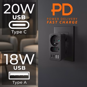 Maclean MCE249 F/B – võrgupesa jaotur, 2 pistikupesa, 4 USB-porti: 2×USB-A ja 2×USB-C PD 20 W, 1×16 A + 1×6 A