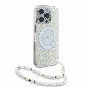 Guess IML Flowers Allover Electro With Pearl Strap MagSafe ümbris jaoks iPhone 16 Pro - valge