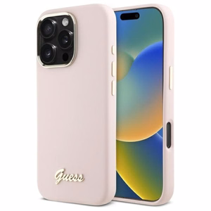 Guess Silicone Script Metal Logo & Frame iPhone 16 Pro Max Ümbris - roosa