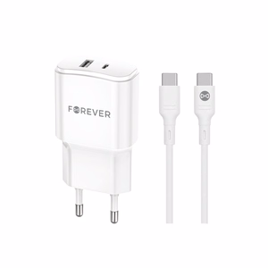 Forever TC-01-20AC PD QC laadija 1x USB-C 1x USB 20W valge + USB-C - USB-C kaabel 20W