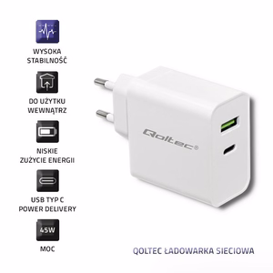 Qoltec 51718 laadija 45 W, USB-C PD, USB, valge