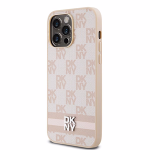 DKNY Leather Checkered Mono Pattern & Printed Stripes ümbris jaoks iPhone 14 Pro Max - roosa
