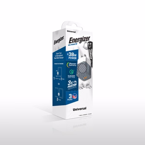 Energizer Ultimate A38QMU GaN reisilaadija EU / UK / US pistikutega, USB-C + USB-A, 38 W PD + QC 3,0, hõbedane