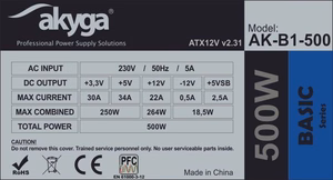 Akyga AK-B1-500 toiteplokk 500 W 20+4 pin ATX ATX hall