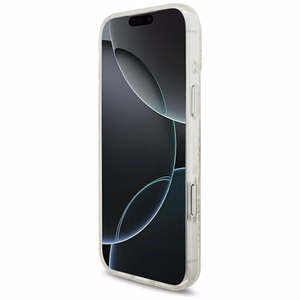 Guess IML lillemustri, metallkatte ja pärlrihmaga MagSafe-ümbris iPhone 18 Pro Max / 17 Pro Max jaoks, valge