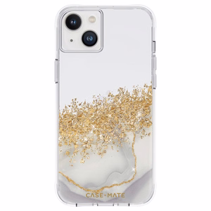 Case-Mate Karat Marble valge marmormustriga ümbris kuldfooliumdetailidega iPhone 14 Plusile