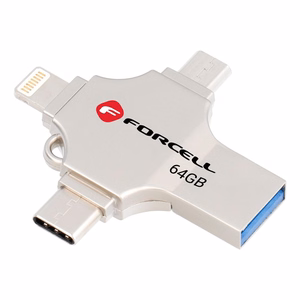 Pendrive 64GB USB 3.2 Gen 1 (USB A / USB C / Lightning / Micro USB) Forcell F-Data Metal Quad hõbedane