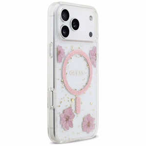 Guess Resin Flowers Glitter MagSafe ümbris jaoks iPhone 17 Pro Max roosa