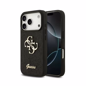Guess PU Fixed Glitter 4G Metal Logo ümbris Apple iPhone 18 Pro Max telefonile, must