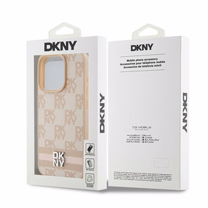 DKNY Leather Checkered Mono Pattern & Printed Stripes ümbris jaoks iPhone 15 Pro Max - roosa