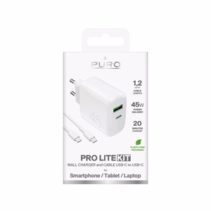 Puro Daily Prolite 45W USB-C USB-A Power Delivery Laadija koos USB-C Kaabel - valge