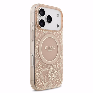 Guess IML Flowers Allover Strap MagSafe ümbris Apple iPhone 18 Pro Max jaoks, roosa
