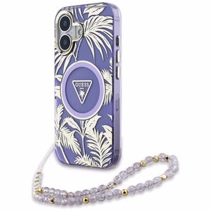 GUESS ümbris jaoks IPHONE 16 compatible with MagSafe GUHMP16SHPCTPLSU (IML Palm Trees Triangle W/ Pearl Strap) lilla