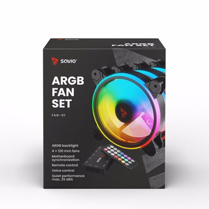 SAVIO FAN-01 4-osaline 120mm ARGB-ventilaatorite komplekt koos kontrolleri ja kaugjuhtimispuldiga