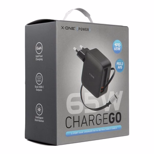 Reisilaadija X-ONE ChargeGo GaN 65W sissetõmmatava kaabli ja USB C pordiga – must