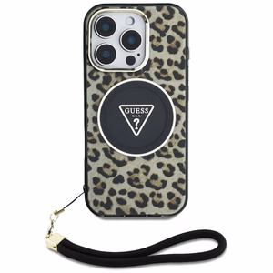 Guess HC IML Leopard Triangle Cord Strap MagSafe Ümbris jaoks iPhone 16 Pro - Brown