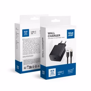 Laadija Blue Star 20W USB-C + USB-C to Lightning kaabel, must