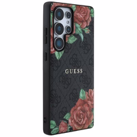 Guess Leather 4G Flowers Print Metal Classic Logo MagSafe Ümbris jaoks Samsung Galaxy S25 Ultra - must