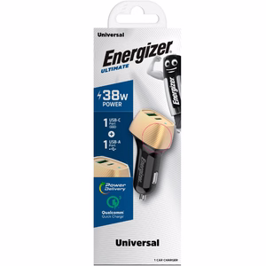 Energizer Ultimate D38BG autolaadija, USB-C + USB-A, 38 W PD + QC 3,0, kuldne ja must