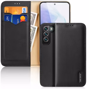 Dux Ducis Hivo Nahast Flip Cover Ehtne nahast rahakott kaartide ja dokumentide jaoks Samsung Galaxy S22 + (S22 Plus) Must
