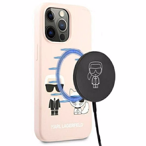 Karl Lagerfeldi silikoonist Ikonik Karl&Choupette MagSafe ümbris iPhone 13 Pro Max'ile - heleroosa