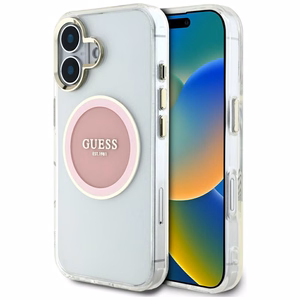 Guess IML Metal Colored Circle Classic Logo MagSafe iPhone 16 Ümbris - Roosa