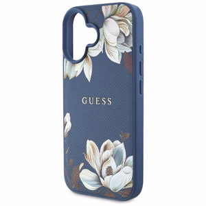 Guess Grained Printed Flower Pattern MagSafe ümbris jaoks iPhone 16 sinine