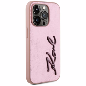 Karl Lagerfeld Wrinkled Metal Signature iPhone 15 Pro Max Ümbris - Roosa