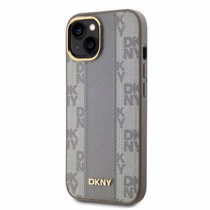 DKNY Leather Checkered Mono Pattern MagSafe iPhone 14 Ümbris - Beige