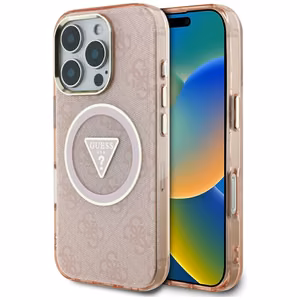 Чехол Guess IML Metal Glitter 4G Circle Triangle MagSafe для iPhone 16 Pro Max - розовый