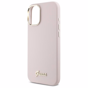 Guess Silicone Script Metal Logo & Frame iPhone 16 Ümbris - roosa