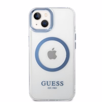 Guess Metal Outline MagSafe ümbris jaoks iPhone 14 Plus - sinine