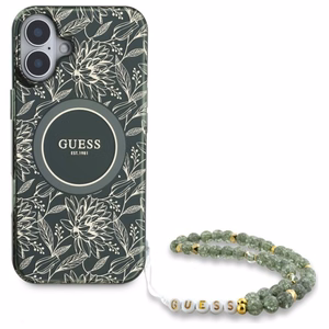 Guess IML Flowers Allover Electro With Pearl Strap MagSafe ümbris jaoks iPhone 16 - roheline