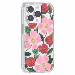 Rifle Paper Clear ümbris seadmele iPhone 14 Pro, kuldset tooni kaunistusega, Rose Garden mustriga