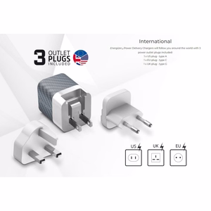 Energizer Ultimate A38QMU GaN reisilaadija EU / UK / US pistikutega, USB-C + USB-A, 38 W PD + QC 3,0, hõbedane