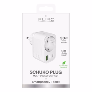 Puro 30W Power Delivery laadija Schuko pistiku ja pesaga 2x USB-C + 1x USB-A - valge